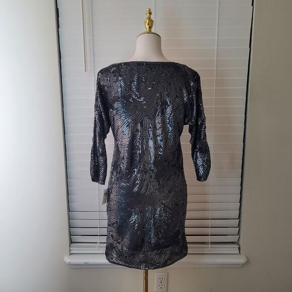 Trina‎ Turk Audra Sz XS Dark Silver Sequin Georgette Shift Holiday Party Dress - Picture 5 of 8
